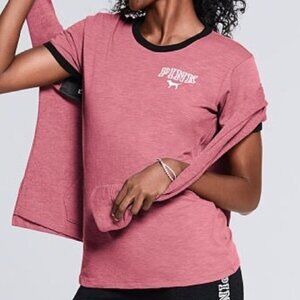 VS PINK VICTORIA'S SECRET Ringer Tee Rose Mauve Pink Spellout Logo Short Sleeve